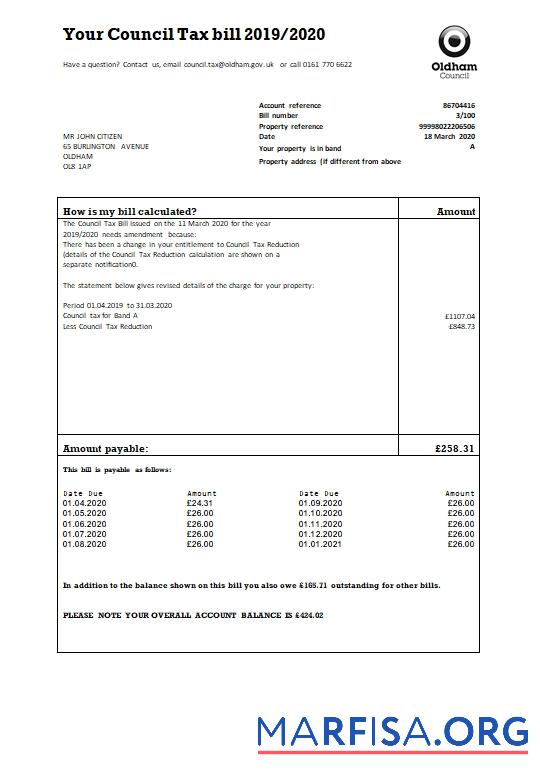 Blank United Kingdom Oldham council tax bill template in Word and PDF format